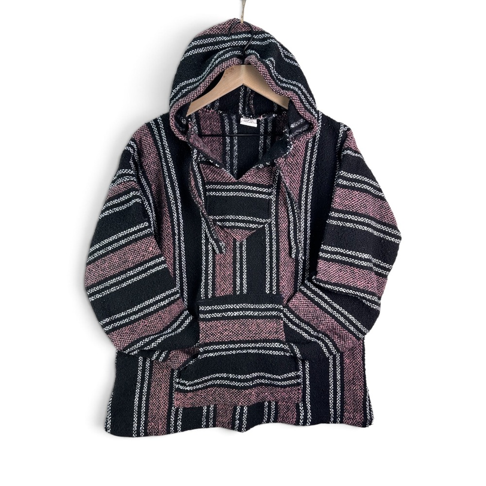 Baja Hoodie Men Large Pink Black Striped Mexican Drug Rug Pullover Poncho